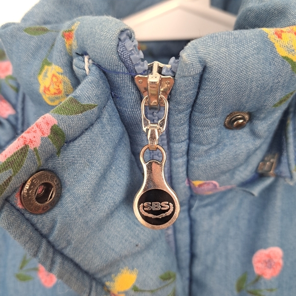 Eve Blue Colorful Floral Quilted Fur Trim Hood Cute Girly Zip Up Coat Size M - Picture 4 of 8